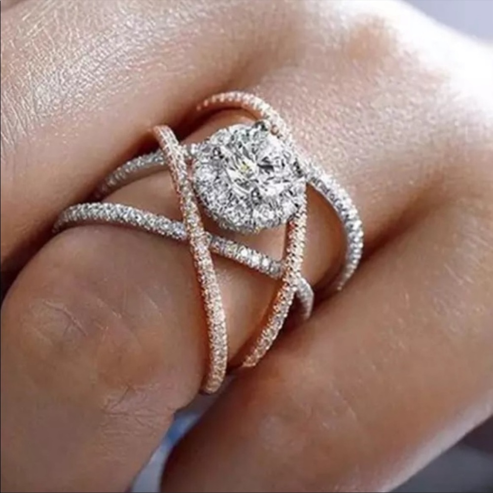 DIAMOND TWISTED 925 STERLING SILVER ROSE GOLD RING - Picture 2 of 4